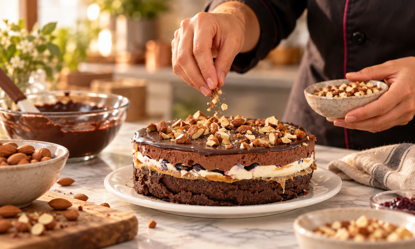 Manos dando los últimos toques de almendras a una torta artesanal de chocolate